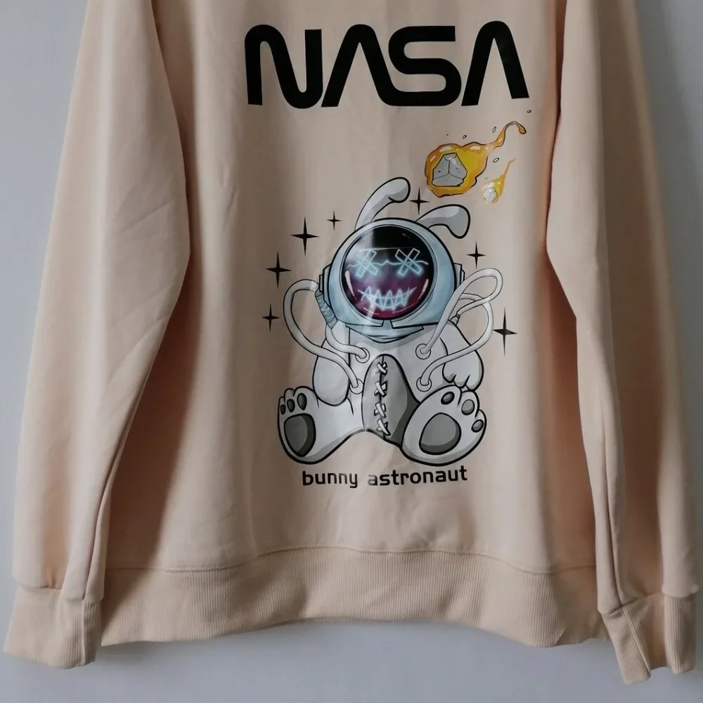 SheIn Womens Light Beige NASA Bunny Astronaut Graphic Pullover Sweatshirt Size M - Picture 3 of 8